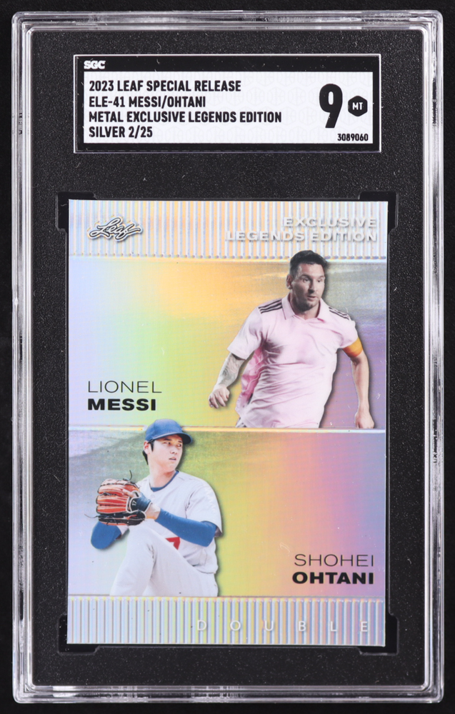 Shohei Ohtani / Lionel Messi 2023 Leaf Special Release Metal Exclusive Legends Edition Silver #ELE41 #02/25 (SGC 9) at PristineAuction.com Shohei Ohtani / Lionel Messi 2023 Leaf Special Release Metal Exclusive Legends Edition Silver #ELE41 #02/25 (SGC 9) at PristineAuction.com