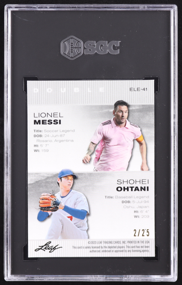 Shohei Ohtani / Lionel Messi 2023 Leaf Special Release Metal Exclusive Legends Edition Silver #ELE41 #02/25 (SGC 9) at PristineAuction.com Shohei Ohtani / Lionel Messi 2023 Leaf Special Release Metal Exclusive Legends Edition Silver #ELE41 #02/25 (SGC 9) at PristineAuction.com
