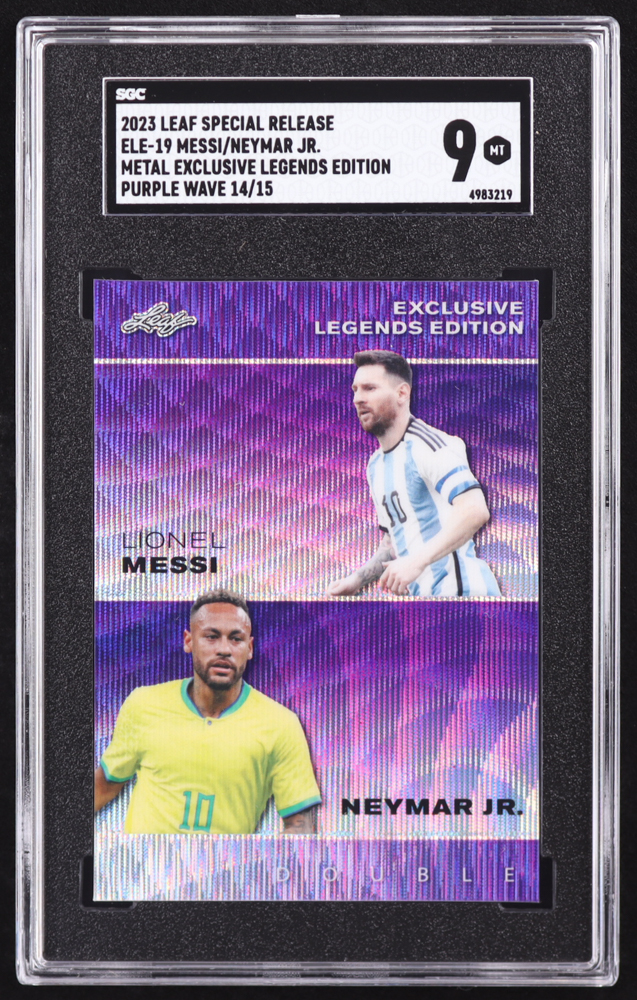 Lionel Messi / Neymar Jr. 2023 Leaf Special Release Metal Exclusive Legends Edition Wave Purple #ELE19 #14/15 (SGC 9) at PristineAuction.com Lionel Messi / Neymar Jr. 2023 Leaf Special Release Metal Exclusive Legends Edition Wave Purple #ELE19 #14/15 (SGC 9) at PristineAuction.com