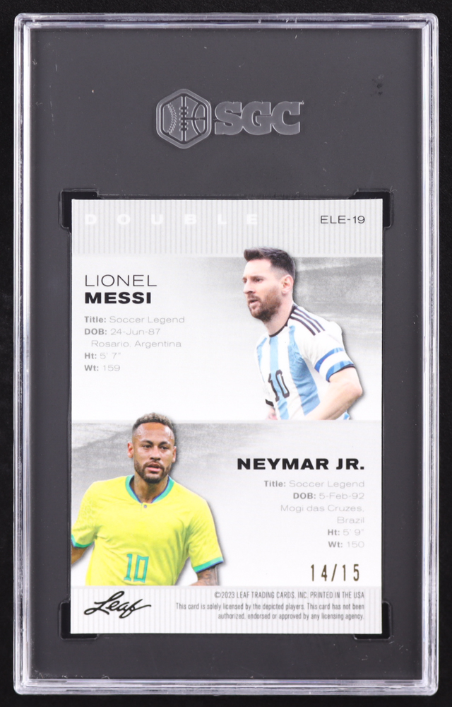Lionel Messi / Neymar Jr. 2023 Leaf Special Release Metal Exclusive Legends Edition Wave Purple #ELE19 #14/15 (SGC 9) at PristineAuction.com Lionel Messi / Neymar Jr. 2023 Leaf Special Release Metal Exclusive Legends Edition Wave Purple #ELE19 #14/15 (SGC 9) at PristineAuction.com