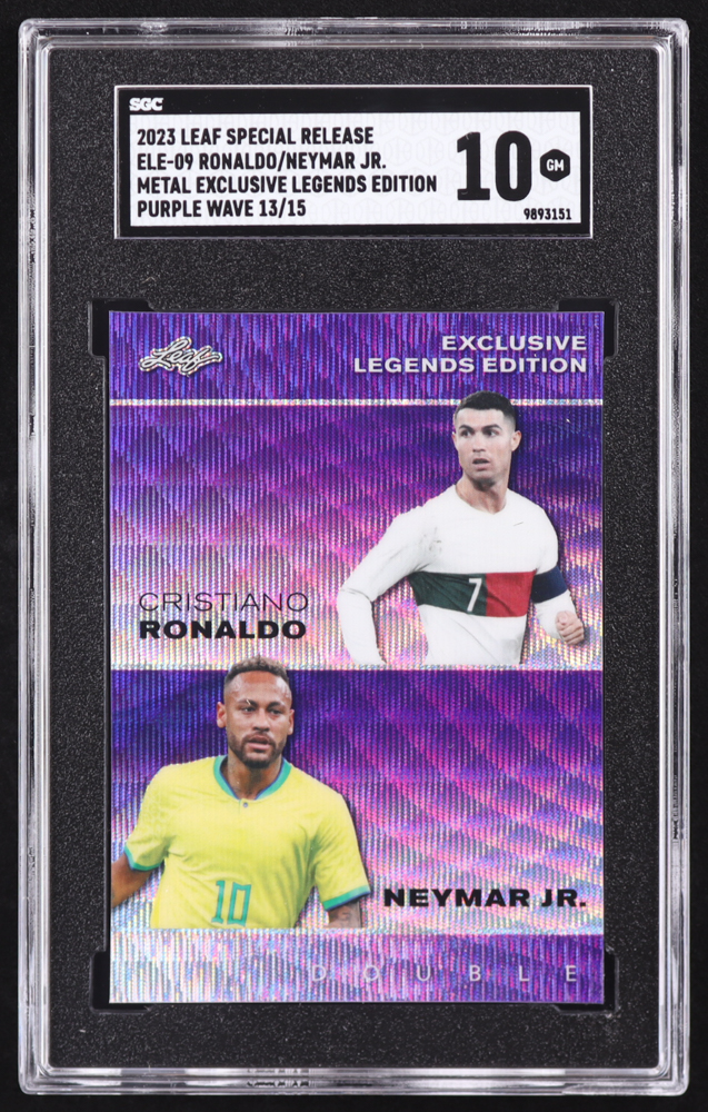 Cristiano Ronaldo / Neymar Jr. 2023 Leaf Special Release Metal Exclusive Legends Edition Wave Purple #ELE09 #13/15 (SGC 10) at PristineAuction.com Cristiano Ronaldo / Neymar Jr. 2023 Leaf Special Release Metal Exclusive Legends Edition Wave Purple #ELE09 #13/15 (SGC 10) at PristineAuction.com