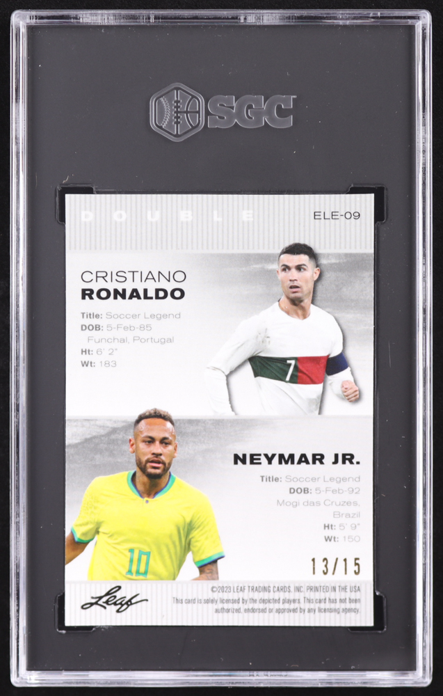 Cristiano Ronaldo / Neymar Jr. 2023 Leaf Special Release Metal Exclusive Legends Edition Wave Purple #ELE09 #13/15 (SGC 10) at PristineAuction.com Cristiano Ronaldo / Neymar Jr. 2023 Leaf Special Release Metal Exclusive Legends Edition Wave Purple #ELE09 #13/15 (SGC 10) at PristineAuction.com