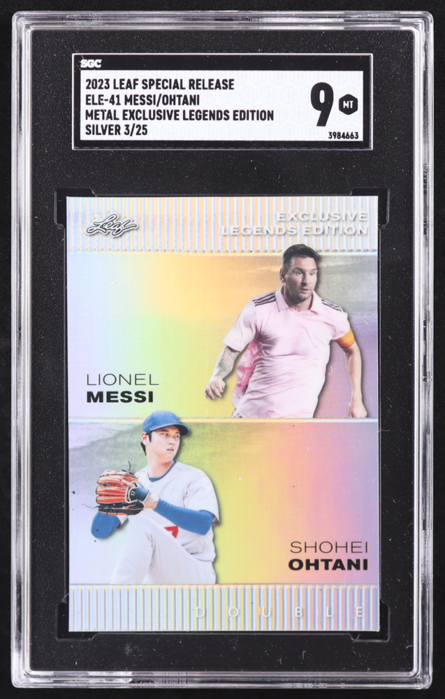 Shohei Ohtani / Lionel Messi 2023 Leaf Special Release Metal Exclusive Legends Edition Silver #ELE41 #03/25 (SGC 9) at PristineAuction.com Shohei Ohtani / Lionel Messi 2023 Leaf Special Release Metal Exclusive Legends Edition Silver #ELE41 #03/25 (SGC 9) at PristineAuction.com