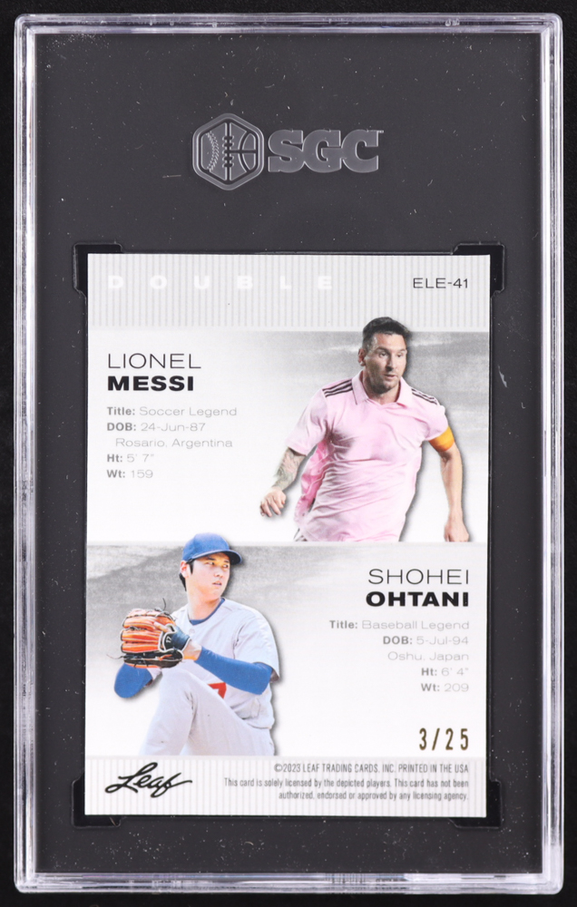 Shohei Ohtani / Lionel Messi 2023 Leaf Special Release Metal Exclusive Legends Edition Silver #ELE41 #03/25 (SGC 9) at PristineAuction.com Shohei Ohtani / Lionel Messi 2023 Leaf Special Release Metal Exclusive Legends Edition Silver #ELE41 #03/25 (SGC 9) at PristineAuction.com