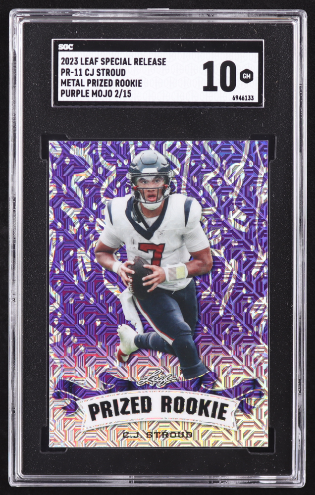 CJ Stroud 2023 Leaf Metal Special Release Prized Rookie Mojo Purple #PR11 RC #2/15 (SGC 10) at PristineAuction.com CJ Stroud 2023 Leaf Metal Special Release Prized Rookie Mojo Purple #PR11 RC #2/15 (SGC 10) at PristineAuction.com