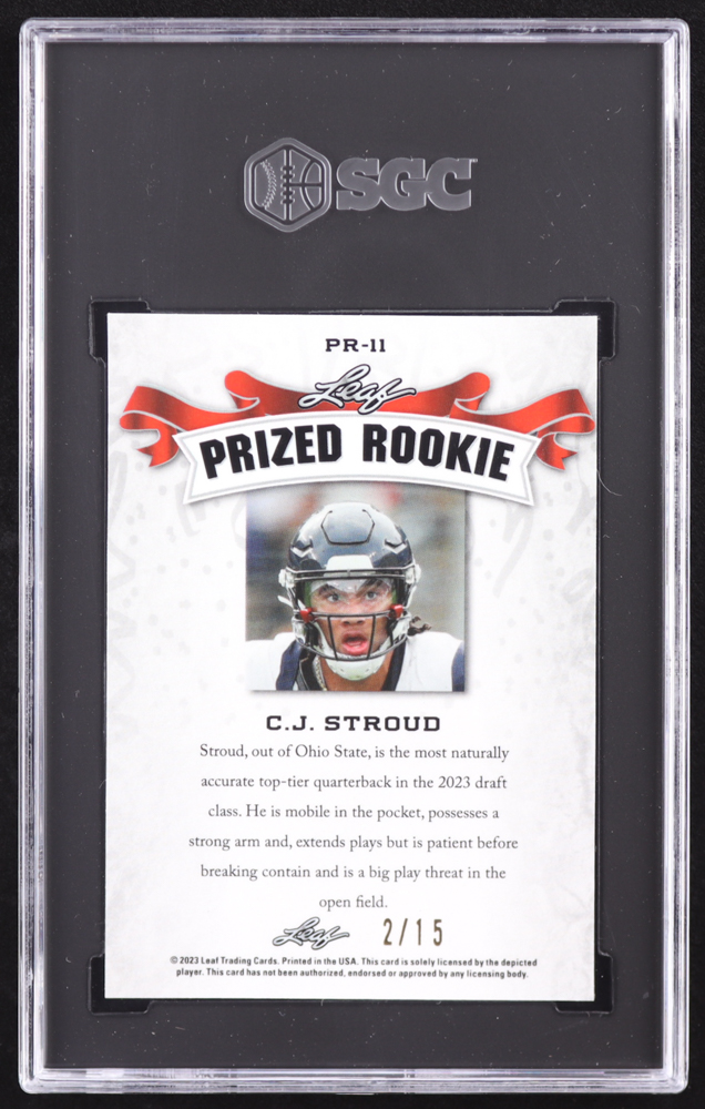 CJ Stroud 2023 Leaf Metal Special Release Prized Rookie Mojo Purple #PR11 RC #2/15 (SGC 10) at PristineAuction.com CJ Stroud 2023 Leaf Metal Special Release Prized Rookie Mojo Purple #PR11 RC #2/15 (SGC 10) at PristineAuction.com