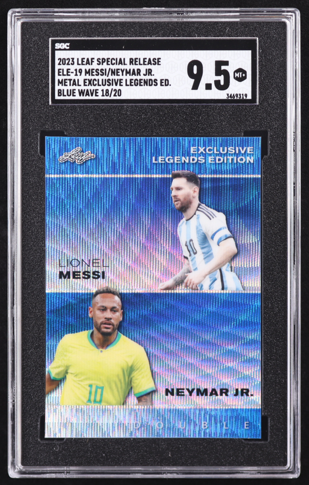 Lionel Messi / Neymar Jr. 2023 Leaf Special Release Metal Exclusive Legends Edition Wave Blue #ELE19 #18/20 (SGC 9.5) at PristineAuction.com Lionel Messi / Neymar Jr. 2023 Leaf Special Release Metal Exclusive Legends Edition Wave Blue #ELE19 #18/20 (SGC 9.5) at PristineAuction.com