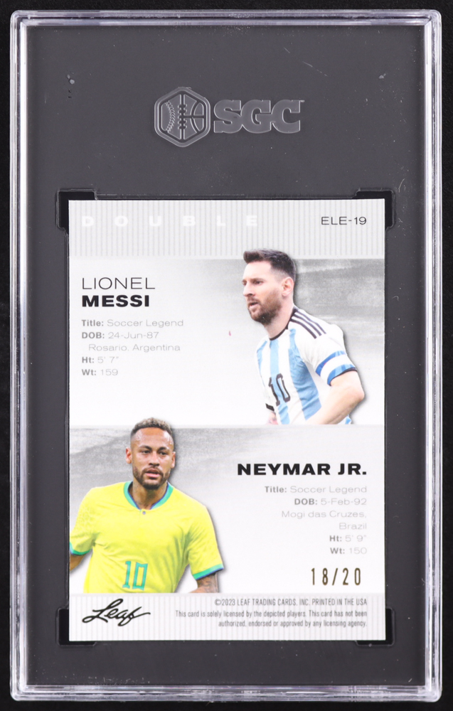 Lionel Messi / Neymar Jr. 2023 Leaf Special Release Metal Exclusive Legends Edition Wave Blue #ELE19 #18/20 (SGC 9.5) at PristineAuction.com Lionel Messi / Neymar Jr. 2023 Leaf Special Release Metal Exclusive Legends Edition Wave Blue #ELE19 #18/20 (SGC 9.5) at PristineAuction.com
