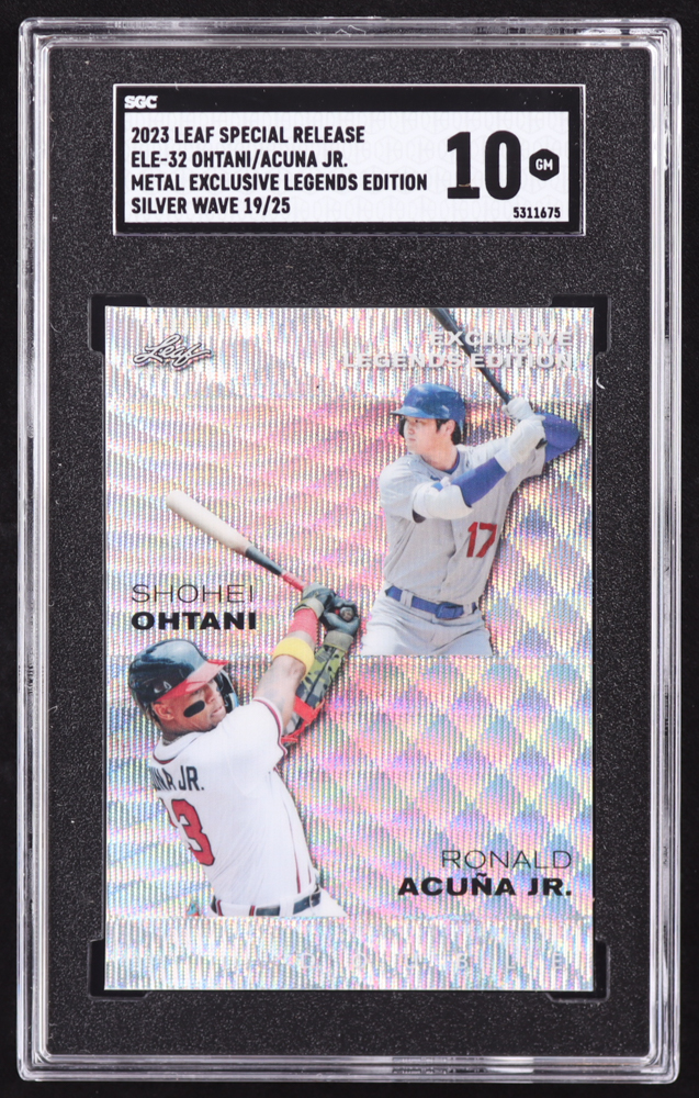 Shohei Ohtani / Ronald Acuna Jr. 2023 Leaf Special Release Metal Exclusive Legends Edition Wave Silver #ELE32 #19/25 (SGC 10) at PristineAuction.com Shohei Ohtani / Ronald Acuna Jr. 2023 Leaf Special Release Metal Exclusive Legends Edition Wave Silver #ELE32 #19/25 (SGC 10) at PristineAuction.com