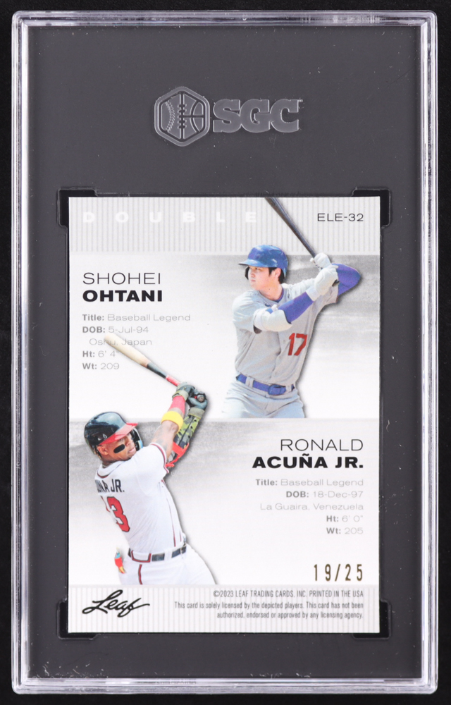 Shohei Ohtani / Ronald Acuna Jr. 2023 Leaf Special Release Metal Exclusive Legends Edition Wave Silver #ELE32 #19/25 (SGC 10) at PristineAuction.com Shohei Ohtani / Ronald Acuna Jr. 2023 Leaf Special Release Metal Exclusive Legends Edition Wave Silver #ELE32 #19/25 (SGC 10) at PristineAuction.com