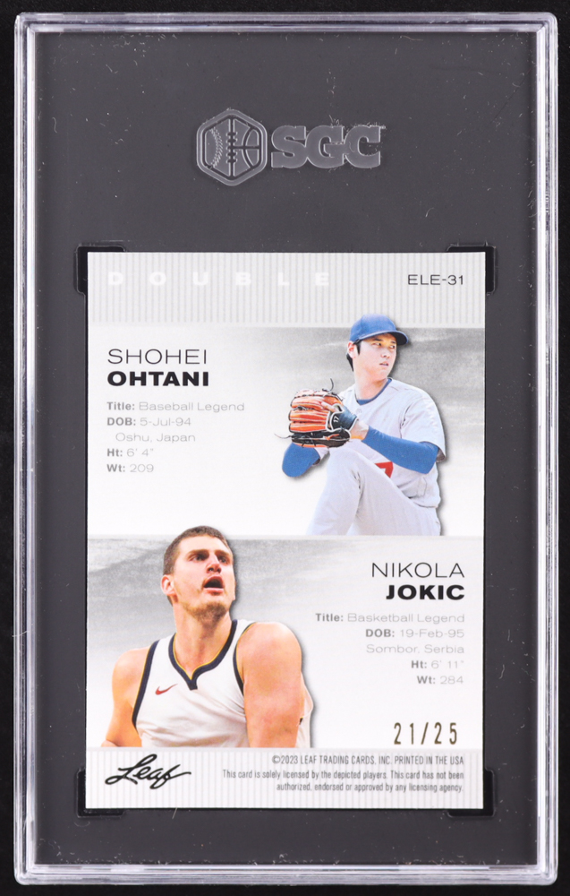 Shohei Ohtani / Nikola Jokic 2023 Leaf Special Release Metal Exclusive Legends Edition Wave Silver #ELE31 #21/25 (SGC 9.5) at PristineAuction.com Shohei Ohtani / Nikola Jokic 2023 Leaf Special Release Metal Exclusive Legends Edition Wave Silver #ELE31 #21/25 (SGC 9.5) at PristineAuction.com