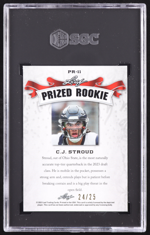 CJ Stroud 2023 Leaf Special Release Metal Prized Rookie Wave Silver #PR11 #24/25 RC (SGC 10) at PristineAuction.com CJ Stroud 2023 Leaf Special Release Metal Prized Rookie Wave Silver #PR11 #24/25 RC (SGC 10) at PristineAuction.com