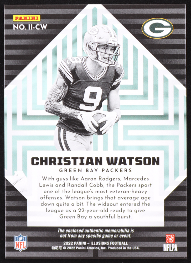 Christian Watson 2022 Panini Illusions Instant Impact Jerseys #15 RC at PristineAuction.com Christian Watson 2022 Panini Illusions Instant Impact Jerseys #15 RC at PristineAuction.com