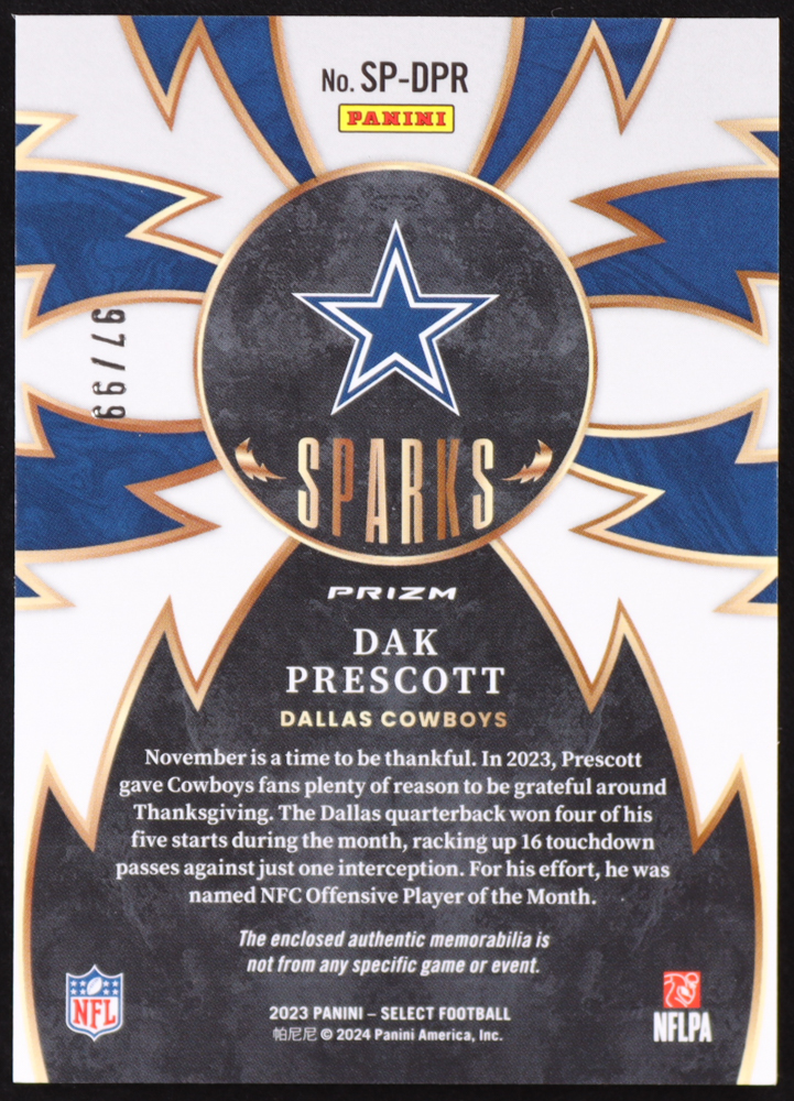 Dak Prescott 2023 Select Sparks Materials Prizm #14 #97/99 at PristineAuction.com Dak Prescott 2023 Select Sparks Materials Prizm #14 #97/99 at PristineAuction.com