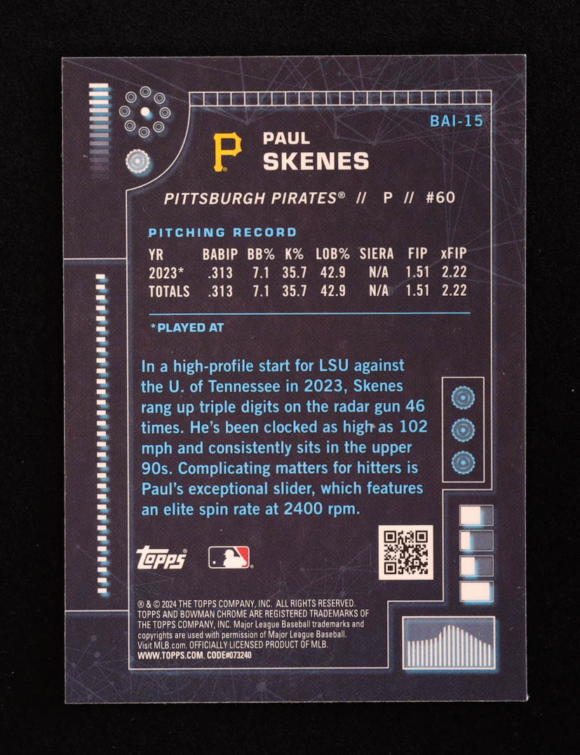 Paul Skenes 2024 Bowman Chrome Bowman AI #BAI15 RC at PristineAuction.com Paul Skenes 2024 Bowman Chrome Bowman AI #BAI15 RC at PristineAuction.com