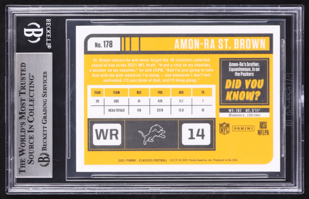 Amon-Ra St. Brown 2021 Classics #178 RC (BGS 9) at PristineAuction.com Amon-Ra St. Brown 2021 Classics #178 RC (BGS 9) at PristineAuction.com
