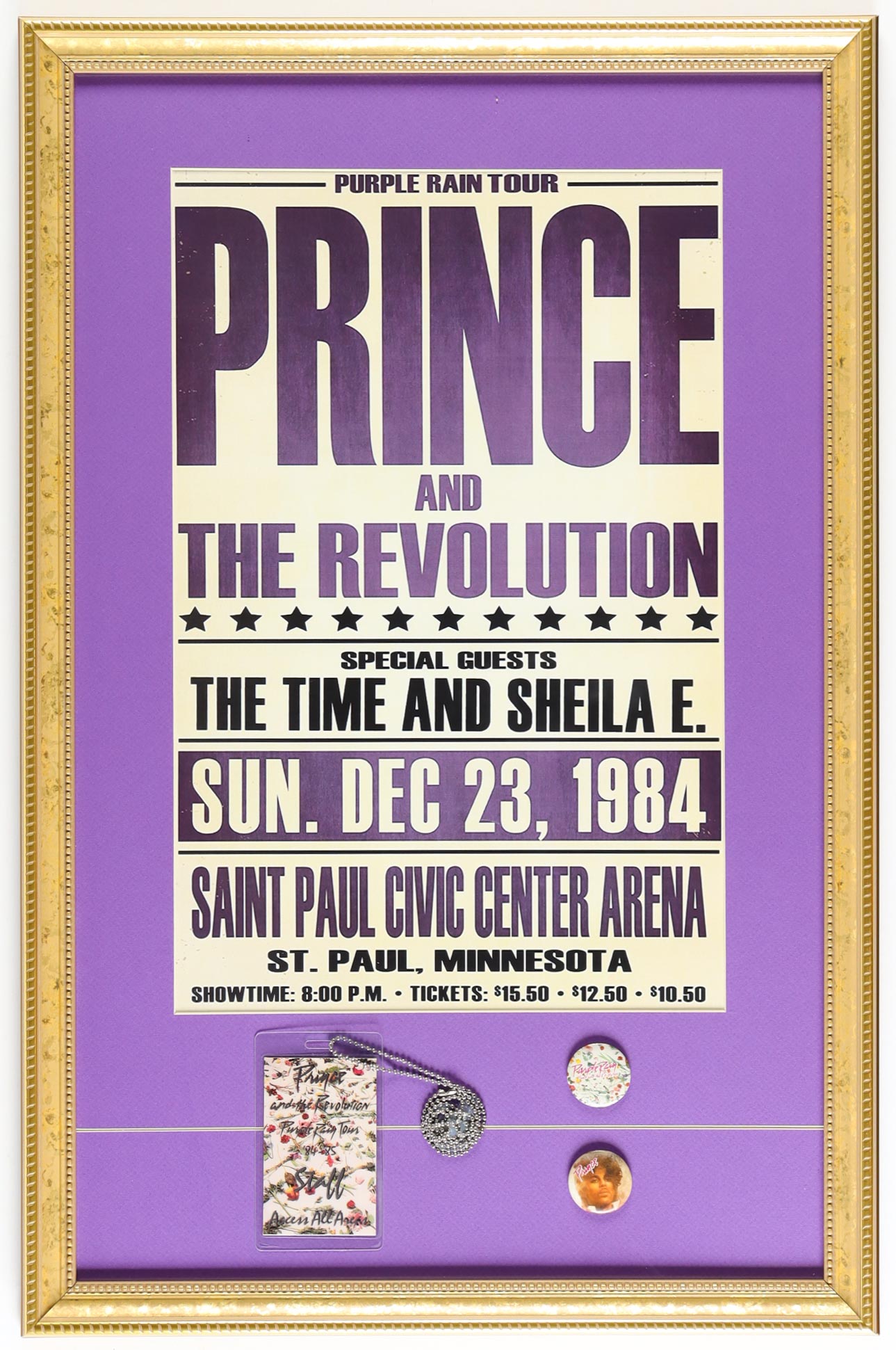Prince and the Revolution "Purple Rain Tour" Custom Framed Concert Poster with 1984 Backstage Staff Pass, Lanyard & (2) Vintage Prince Concert Pins at PristineAuction.com Prince and the Revolution "Purple Rain Tour" Custom Framed Concert Poster with 1984 Backstage Staff Pass, Lanyard & (2) Vintage Prince Concert Pins at PristineAuction.com