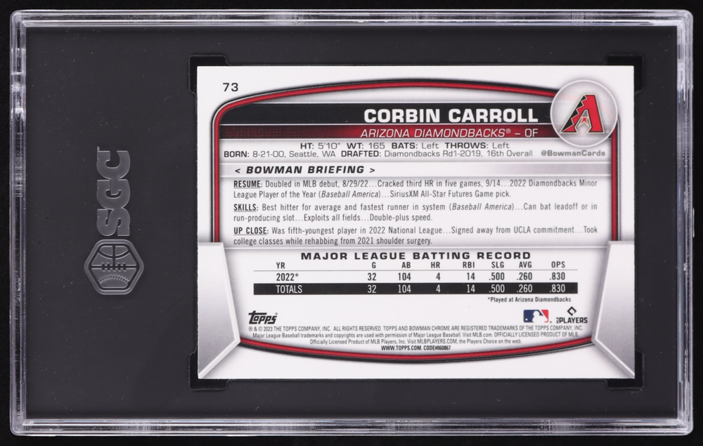 Corbin Carroll 2023 Bowman Chrome Mega Box #73 RC (SGC 10) at PristineAuction.com Corbin Carroll 2023 Bowman Chrome Mega Box #73 RC (SGC 10) at PristineAuction.com