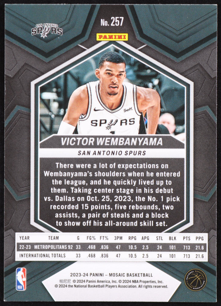 Victor Wembanyama 2023-24 Panini Mosaic #257 DEB RC at PristineAuction.com Victor Wembanyama 2023-24 Panini Mosaic #257 DEB RC at PristineAuction.com