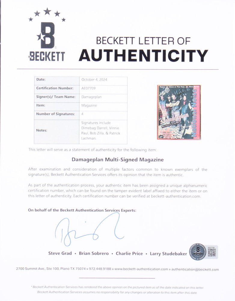 Damageplan "National Noise" Custom Framed Magazine Display Band-Signed By (4) With Dimebag Darrell, Vinnie Paul, Bob Zilla & Patrick Lachman (Beckett) at PristineAuction.com Damageplan "National Noise" Custom Framed Magazine Display Band-Signed By (4) With Dimebag Darrell, Vinnie Paul, Bob Zilla & Patrick Lachman (Beckett) at PristineAuction.com