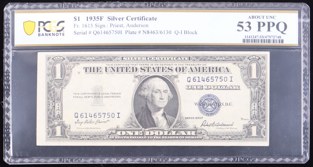 1935-F U.S. $1 Silver Certificate - Fr. 1615 Signed: Priest / Anderson (PCGS About UNC 53 PPQ) at PristineAuction.com 1935-F U.S. $1 Silver Certificate - Fr. 1615 Signed: Priest / Anderson (PCGS About UNC 53 PPQ) at PristineAuction.com