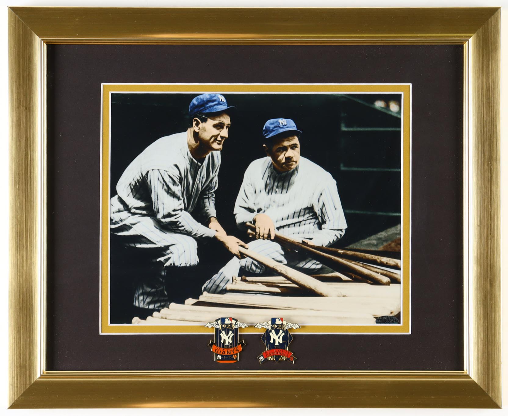 "Babe Ruth Home Run Swing" Yankees Custom Framed Photo Display with Official 1923 & 1927 World Series Pins at PristineAuction.com "Babe Ruth Home Run Swing" Yankees Custom Framed Photo Display with Official 1923 & 1927 World Series Pins at PristineAuction.com