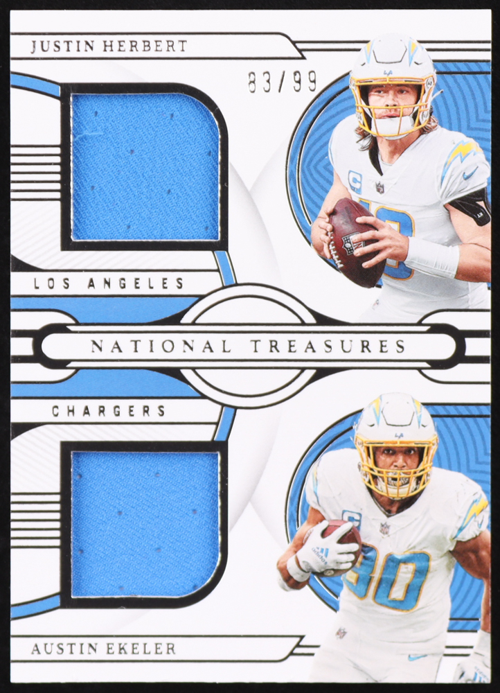 Justin Herbert / Austin Ekeler 2022 Panini National Treasures NFL Gear Combo Materials #GCMLAC #83/99 at PristineAuction.com Justin Herbert / Austin Ekeler 2022 Panini National Treasures NFL Gear Combo Materials #GCMLAC #83/99 at PristineAuction.com