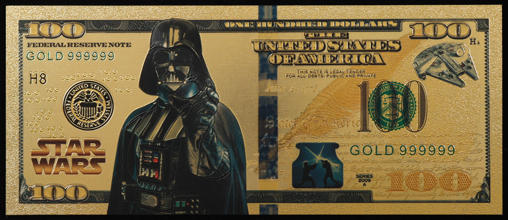 Darth Vader Star Wars 24K Gold Foil Plated Dark Side USA $100 Bill at PristineAuction.com Darth Vader Star Wars 24K Gold Foil Plated Dark Side USA $100 Bill at PristineAuction.com