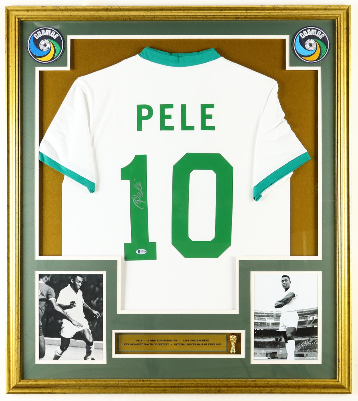Pele Signed Custom Framed Jersey Display With Replica Mini World Cup Trophy & (2) Cosmos Logo Patches (Beckett) at PristineAuction.com Pele Signed Custom Framed Jersey Display With Replica Mini World Cup Trophy & (2) Cosmos Logo Patches (Beckett) at PristineAuction.com