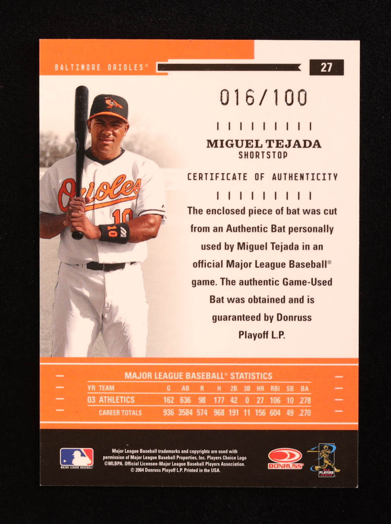 Miguel Tejada 2004 Donruss Throwback Threads Bat #27 #016/100 at PristineAuction.com Miguel Tejada 2004 Donruss Throwback Threads Bat #27 #016/100 at PristineAuction.com