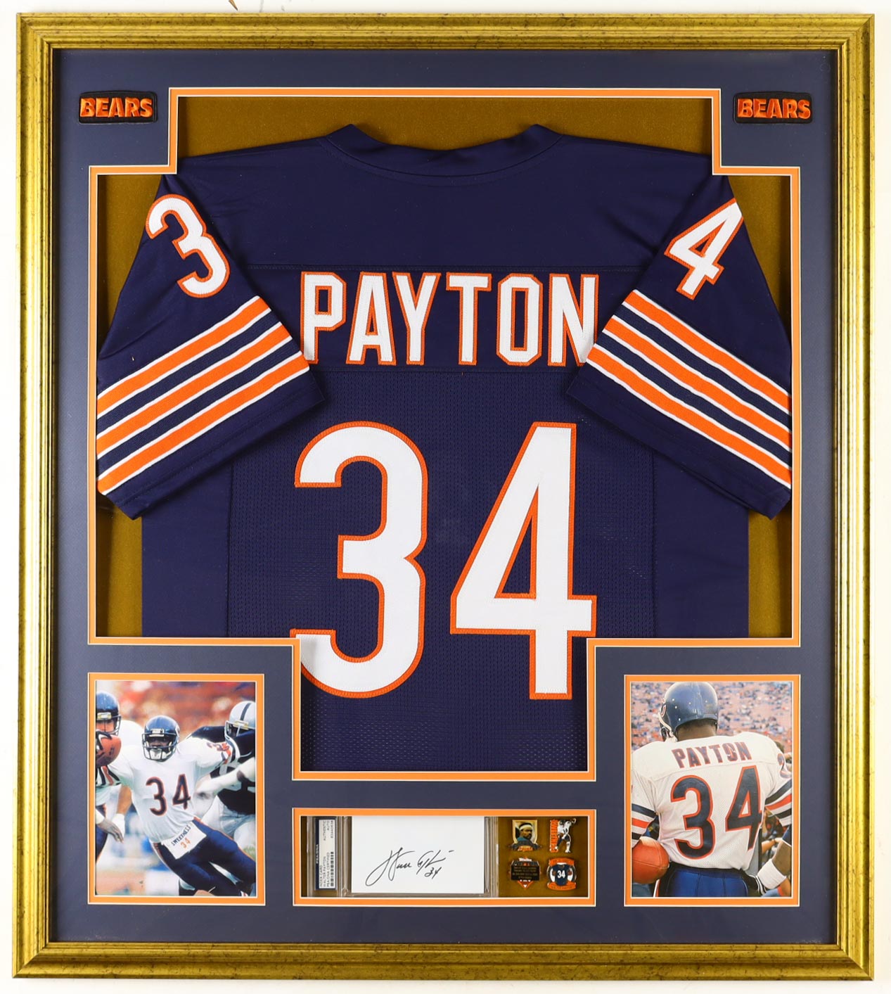 Walter Payton Signed Custom Framed Cut Display With Jersey, Walter Payton "Sweetnees" Pin & (2) Cloth Team Logo Patches (PSA) at PristineAuction.com Walter Payton Signed Custom Framed Cut Display With Jersey, Walter Payton "Sweetnees" Pin & (2) Cloth Team Logo Patches (PSA) at PristineAuction.com