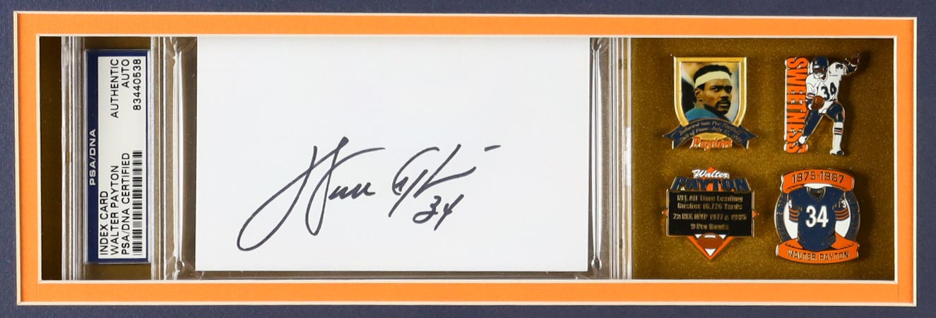 Walter Payton Signed Custom Framed Cut Display With Jersey, Walter Payton "Sweetnees" Pin & (2) Cloth Team Logo Patches (PSA) at PristineAuction.com Walter Payton Signed Custom Framed Cut Display With Jersey, Walter Payton "Sweetnees" Pin & (2) Cloth Team Logo Patches (PSA) at PristineAuction.com