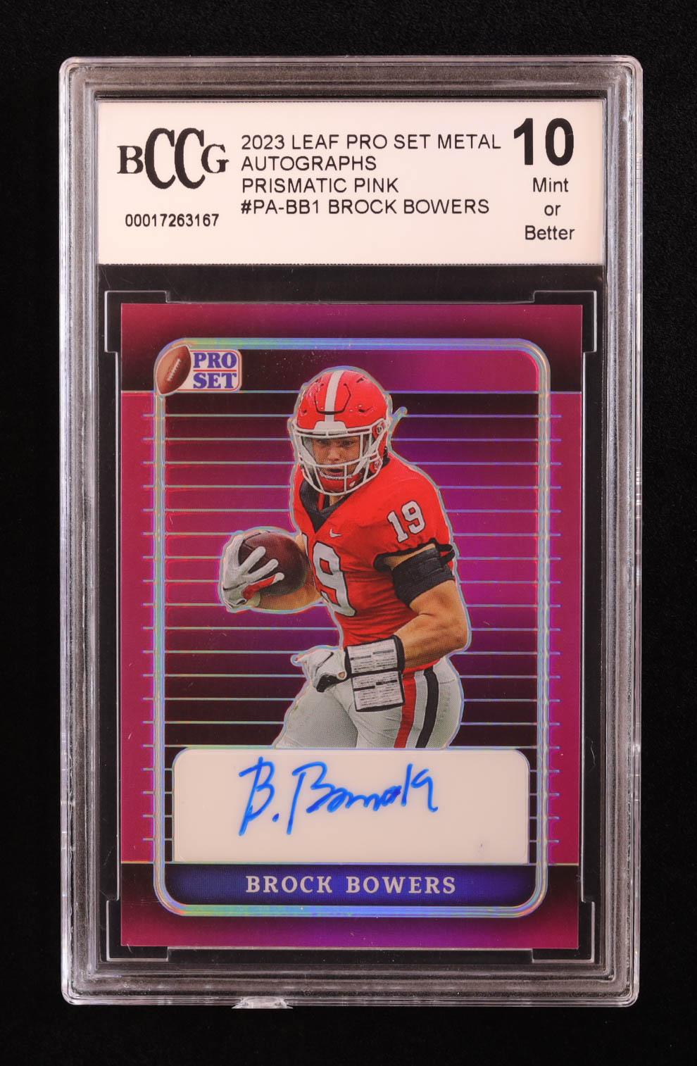 Brock Bowers 2023 Leaf Pro Set Metal Autographs Prismatic Pink #PABB1 #07/10 RC (BCCG 10) at PristineAuction.com Brock Bowers 2023 Leaf Pro Set Metal Autographs Prismatic Pink #PABB1 #07/10 RC (BCCG 10) at PristineAuction.com