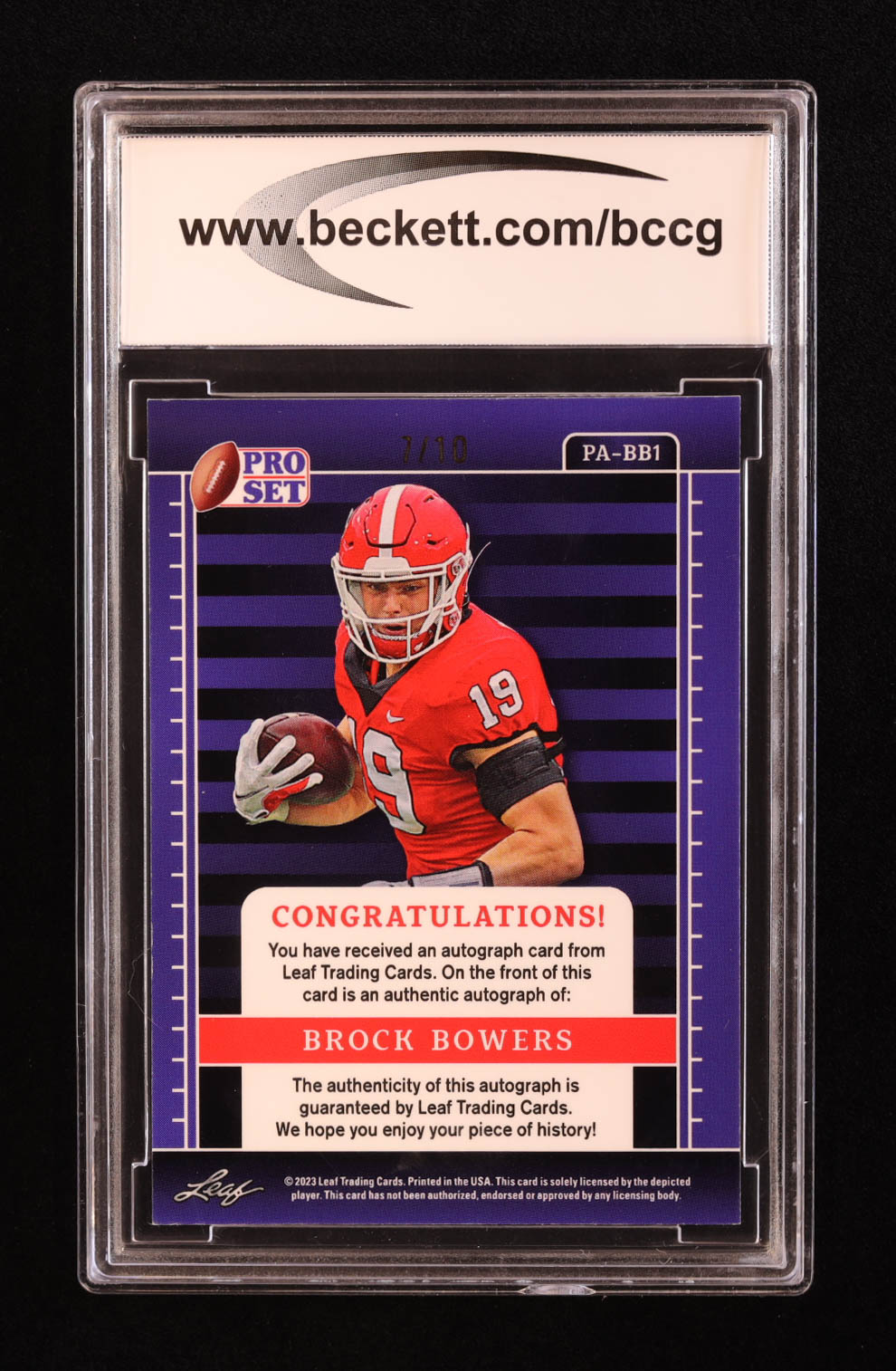 Brock Bowers 2023 Leaf Pro Set Metal Autographs Prismatic Pink #PABB1 #07/10 RC (BCCG 10) at PristineAuction.com Brock Bowers 2023 Leaf Pro Set Metal Autographs Prismatic Pink #PABB1 #07/10 RC (BCCG 10) at PristineAuction.com