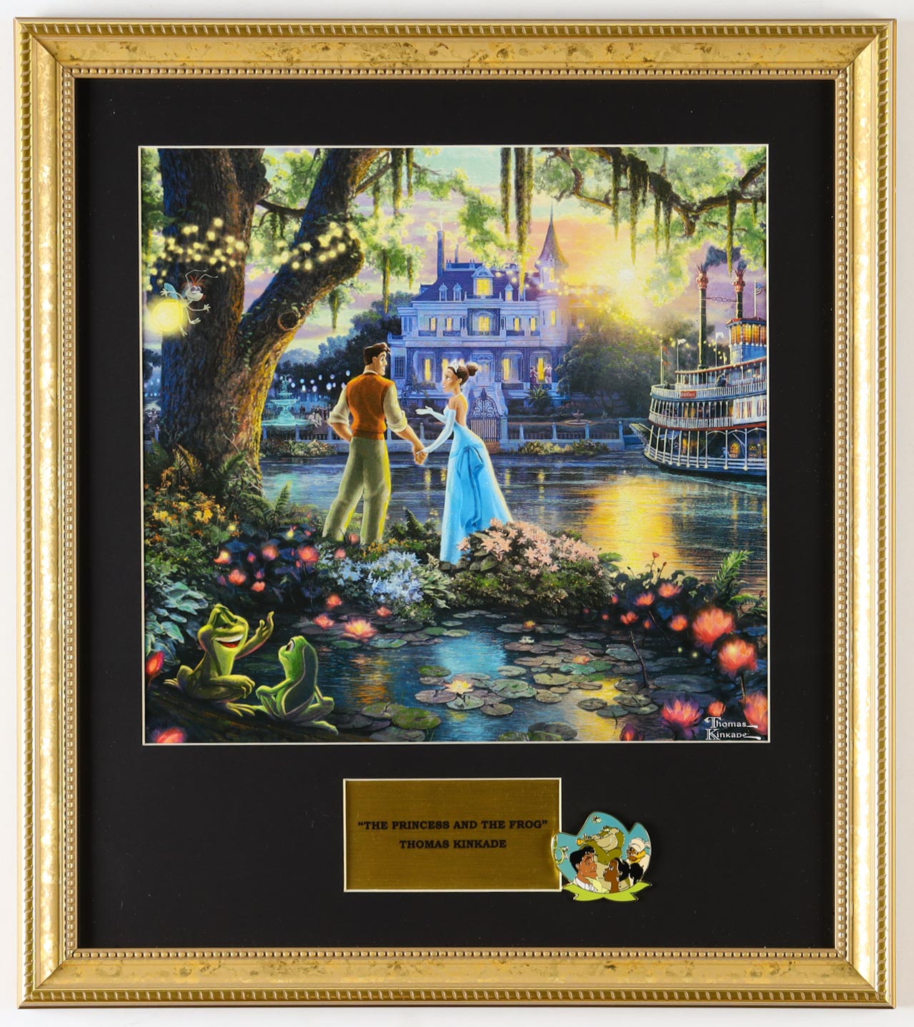 Thomas Kinkade "The Princess and the Frog" Custom Framed Print Display with Full "Princess and the Frog" Cast Pin at PristineAuction.com Thomas Kinkade "The Princess and the Frog" Custom Framed Print Display with Full "Princess and the Frog" Cast Pin at PristineAuction.com