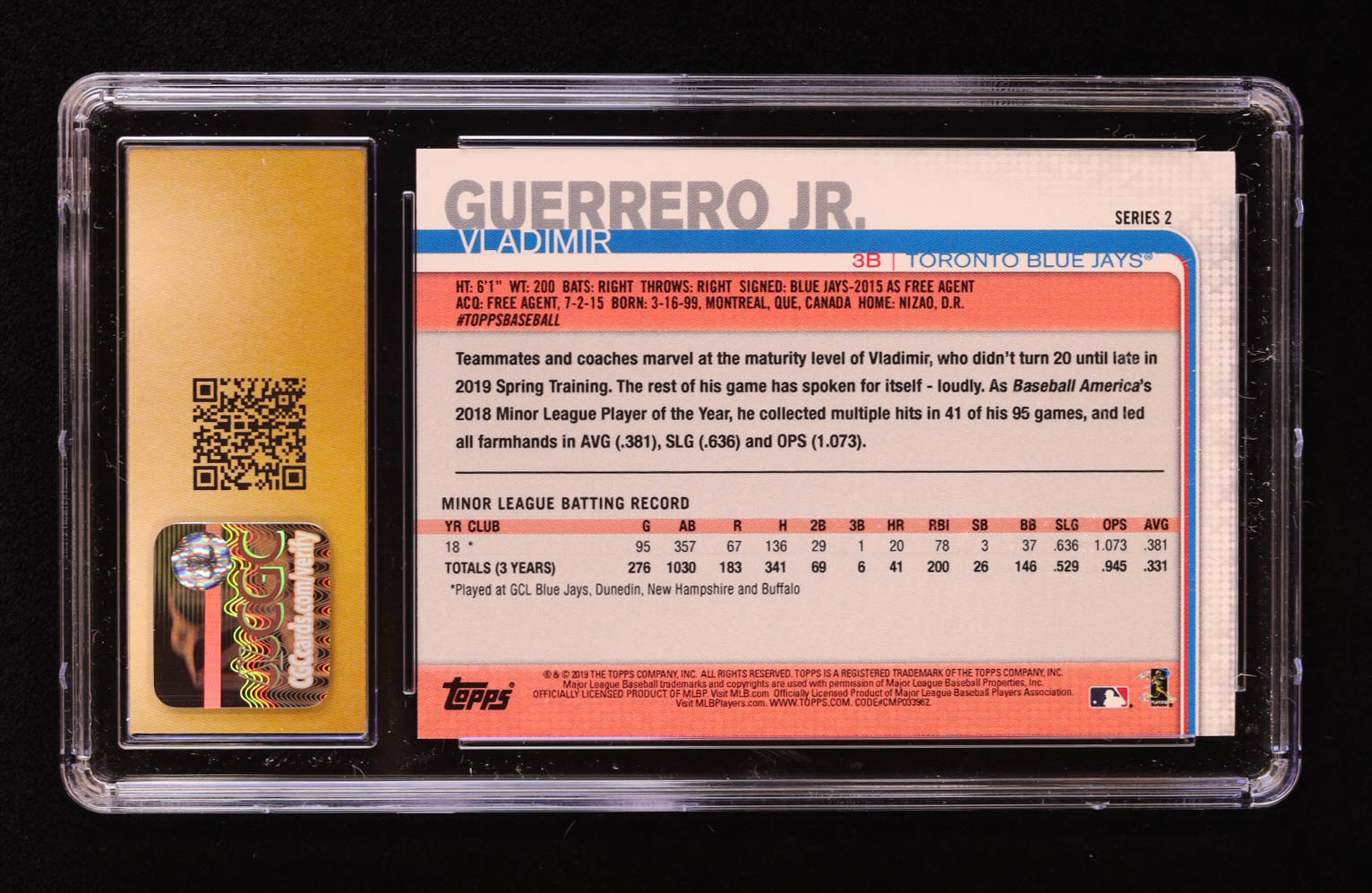 Vladimir Guerrero Jr. 2019 Topps #NNO RC (CGC 10 | Pristine Black Label) at PristineAuction.com Vladimir Guerrero Jr. 2019 Topps #NNO RC (CGC 10 | Pristine Black Label) at PristineAuction.com