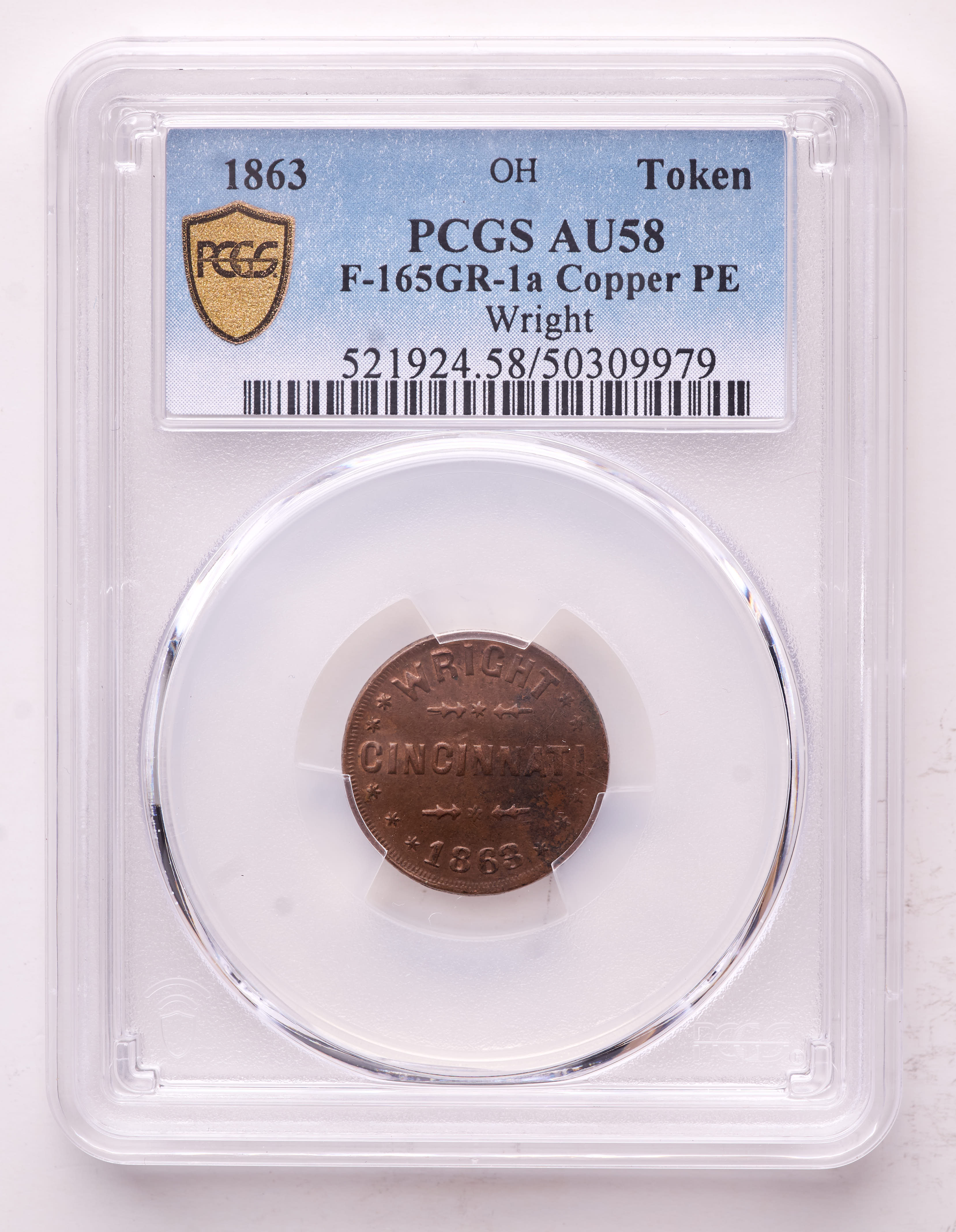 1863 Cincinnati, Ohio Wright Civil War Token (PCGS AU58) at PristineAuction.com 1863 Cincinnati, Ohio Wright Civil War Token (PCGS AU58) at PristineAuction.com