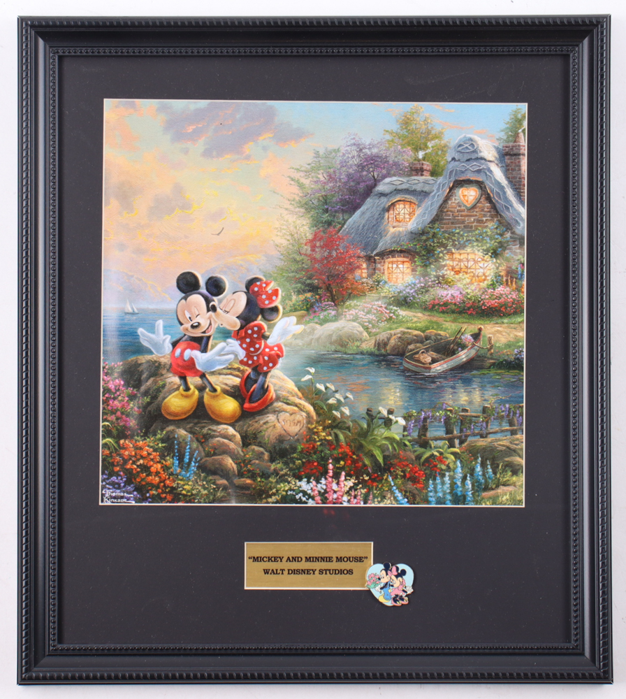 Thomas Kinkade "Mickey & Minnie Mouse" Custom Framed Print Display with Mickey & Minnie Heart Pin at PristineAuction.com Thomas Kinkade "Mickey & Minnie Mouse" Custom Framed Print Display with Mickey & Minnie Heart Pin at PristineAuction.com