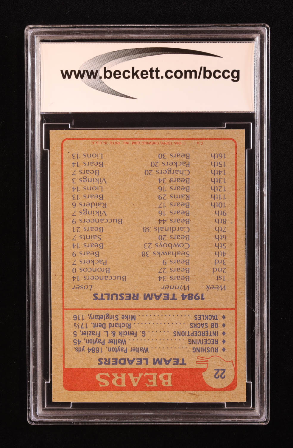 Walter Payton 1985 Topps #22 Bears TL (BCCG 9) at PristineAuction.com Walter Payton 1985 Topps #22 Bears TL (BCCG 9) at PristineAuction.com