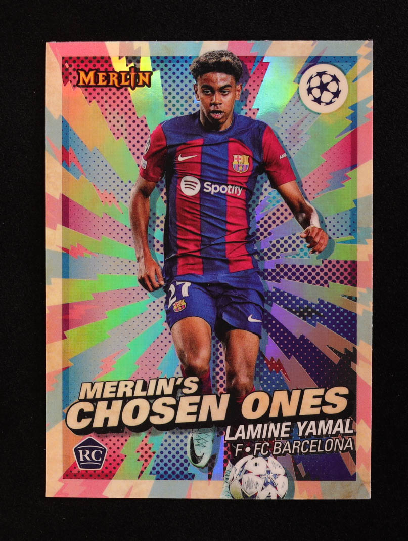 Lamine Yamal 2024 Topps Chrome Merlin UEFA Champions League Merlin's Chosen Ones #MC1 RC at PristineAuction.com Lamine Yamal 2024 Topps Chrome Merlin UEFA Champions League Merlin's Chosen Ones #MC1 RC at PristineAuction.com