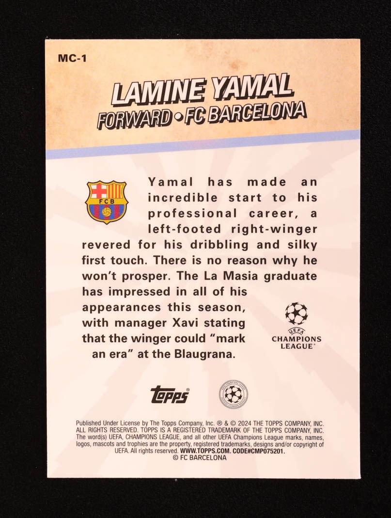 Lamine Yamal 2024 Topps Chrome Merlin UEFA Champions League Merlin's Chosen Ones #MC1 RC at PristineAuction.com Lamine Yamal 2024 Topps Chrome Merlin UEFA Champions League Merlin's Chosen Ones #MC1 RC at PristineAuction.com