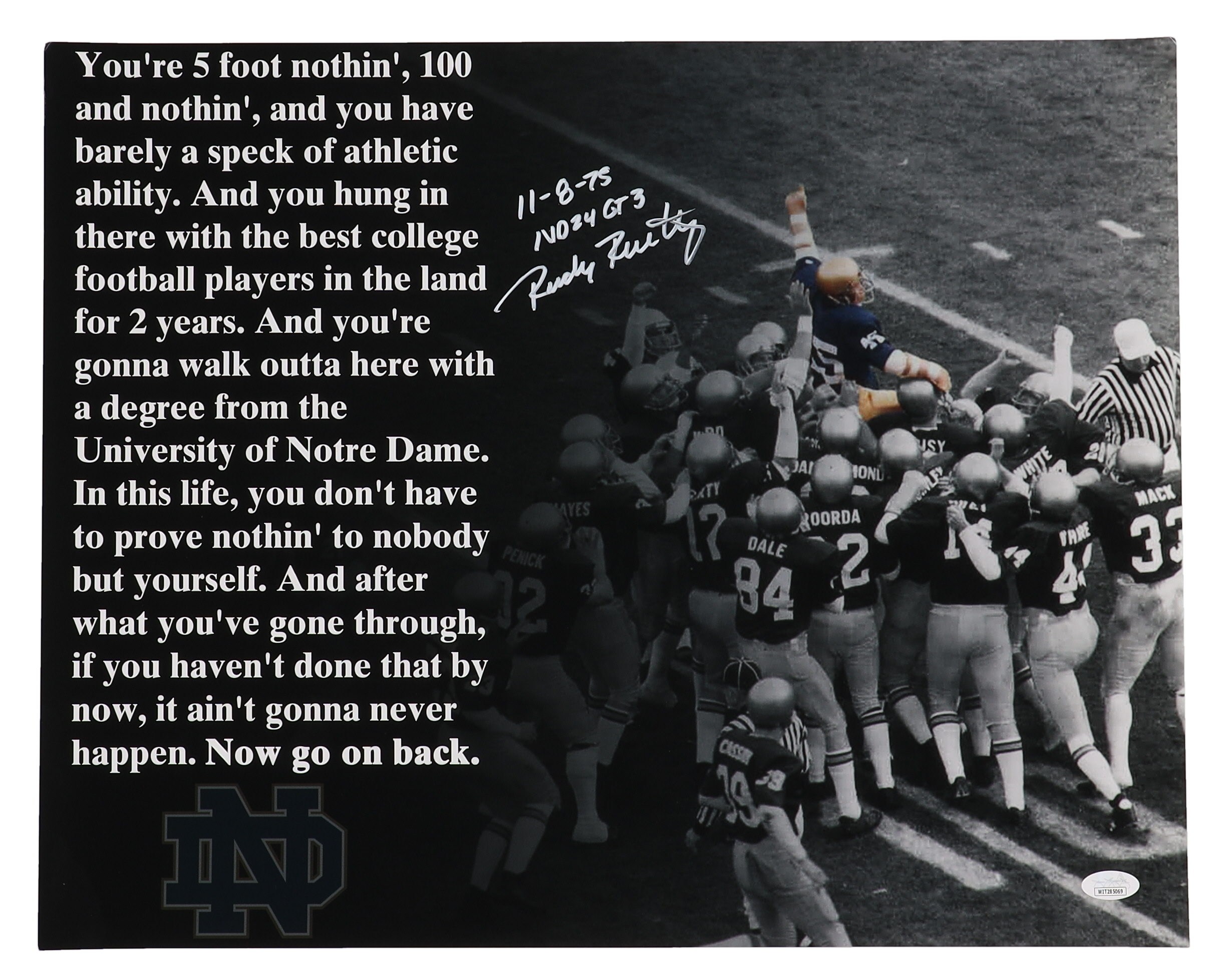 Rudy Ruettiger Signed Notre Dame Fighting Irish 16x20 Photo Inscribed "11-8-75" & "ND 24, GT 3" (JSA) at PristineAuction.com Rudy Ruettiger Signed Notre Dame Fighting Irish 16x20 Photo Inscribed "11-8-75" & "ND 24, GT 3" (JSA) at PristineAuction.com