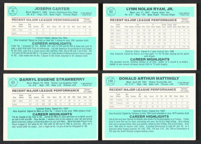1984 Donruss Baseball Complete Set of (660) Cards with Joe Carter #41, Don Mattingly #248, Nolan Ryan #60, Darryl Strawberry #68 at PristineAuction.com 1984 Donruss Baseball Complete Set of (660) Cards with Joe Carter #41, Don Mattingly #248, Nolan Ryan #60, Darryl Strawberry #68 at PristineAuction.com