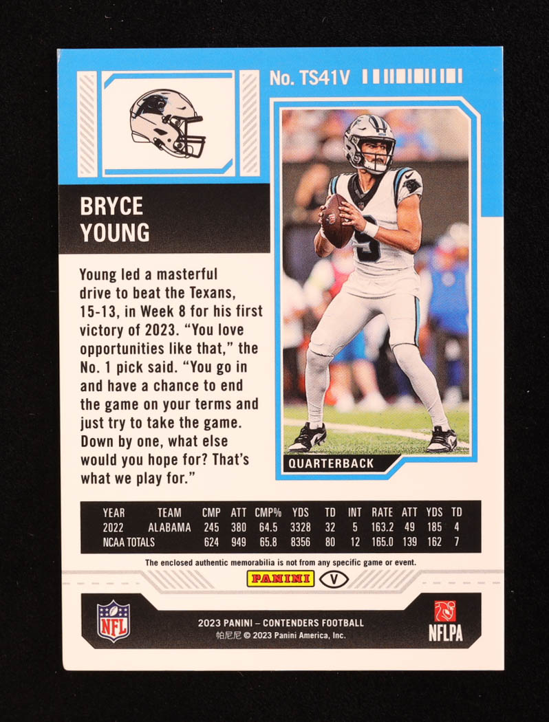 Bryce Young 2023 Panini Contenders Rookie Ticket Swatches Variation #41 RC at PristineAuction.com Bryce Young 2023 Panini Contenders Rookie Ticket Swatches Variation #41 RC at PristineAuction.com