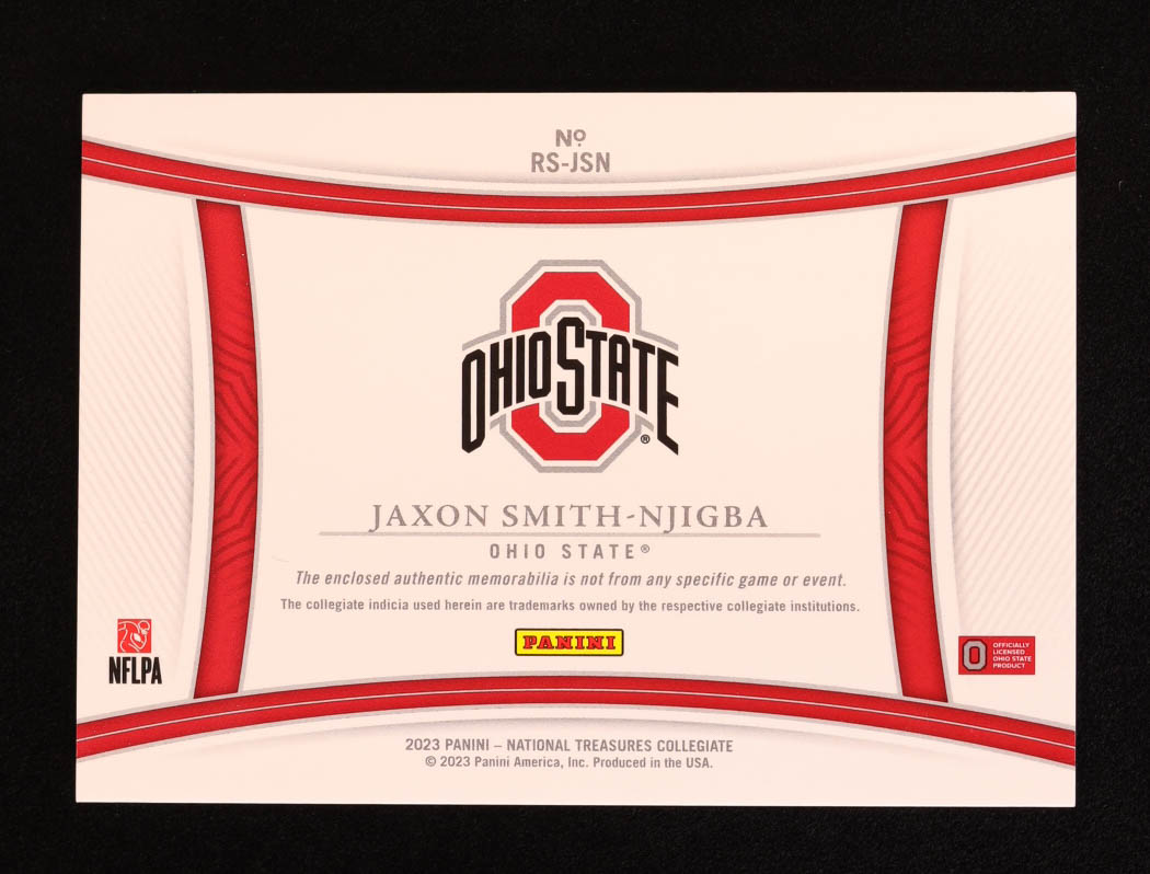 Jaxon Smith-Njigba 2023 Panini National Treasures Collegiate Silhouettes Jerseys #JSN RC #68/99 at PristineAuction.com Jaxon Smith-Njigba 2023 Panini National Treasures Collegiate Silhouettes Jerseys #JSN RC #68/99 at PristineAuction.com