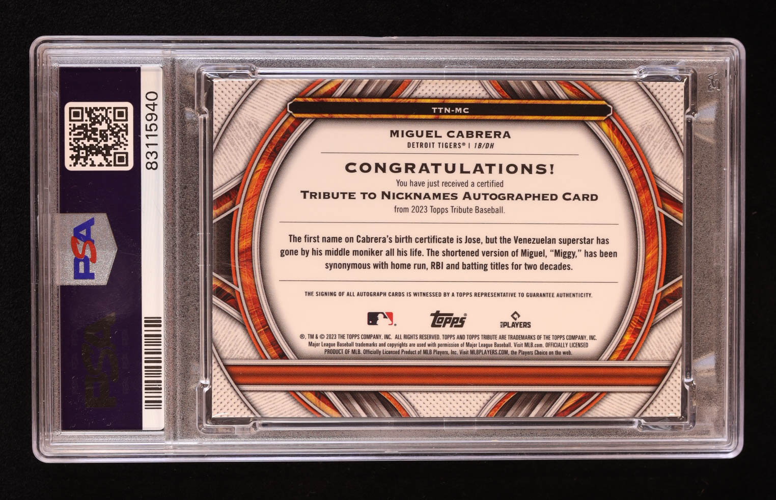 Miguel Cabrera 2023 Topps Tribute Nicknames Autographs Orange #TTNMC #11/25 (PSA 9) at PristineAuction.com Miguel Cabrera 2023 Topps Tribute Nicknames Autographs Orange #TTNMC #11/25 (PSA 9) at PristineAuction.com