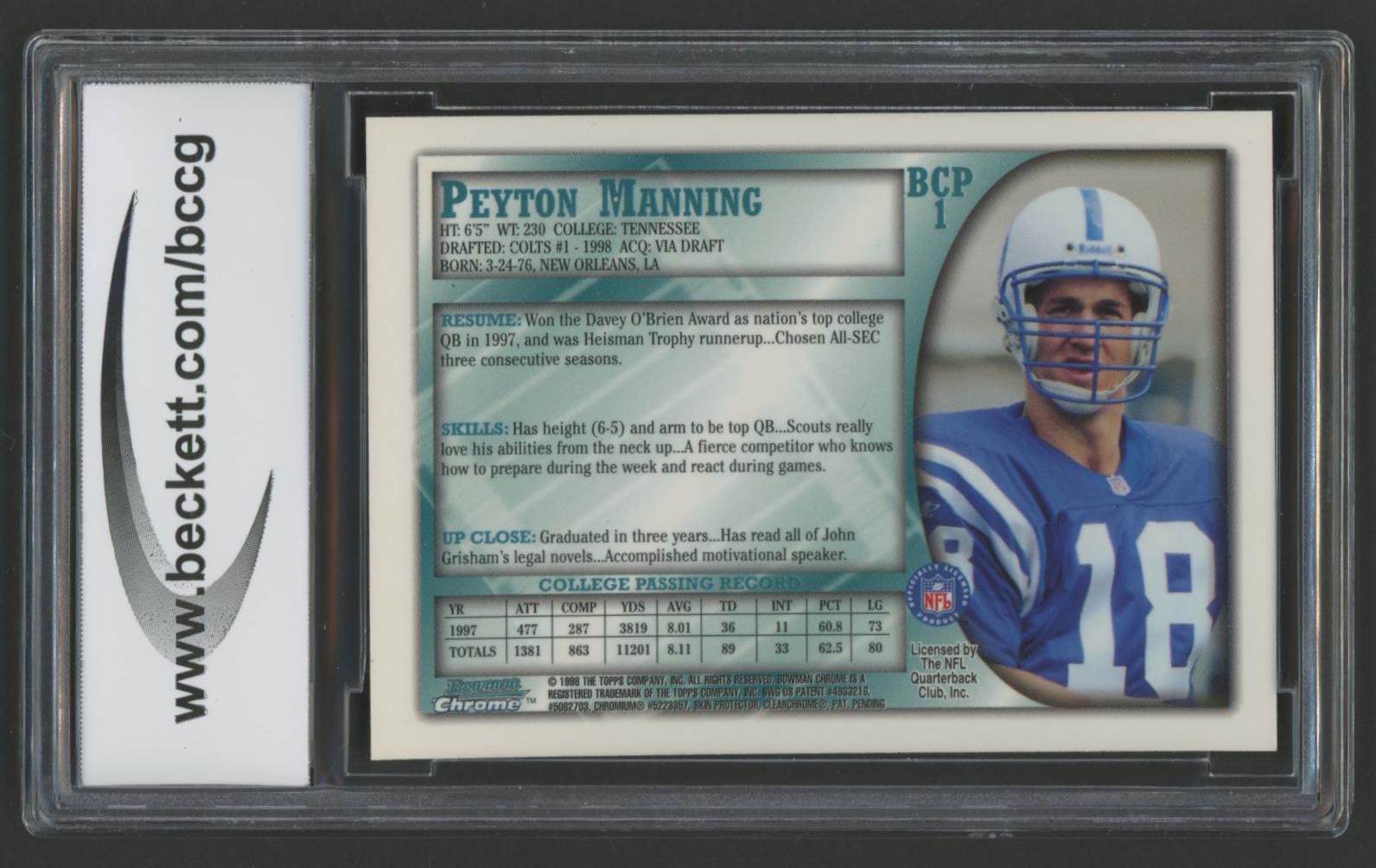 Peyton Manning 1998 Bowman Chrome Preview #BCP1 RC (BCCG 10) at PristineAuction.com Peyton Manning 1998 Bowman Chrome Preview #BCP1 RC (BCCG 10) at PristineAuction.com