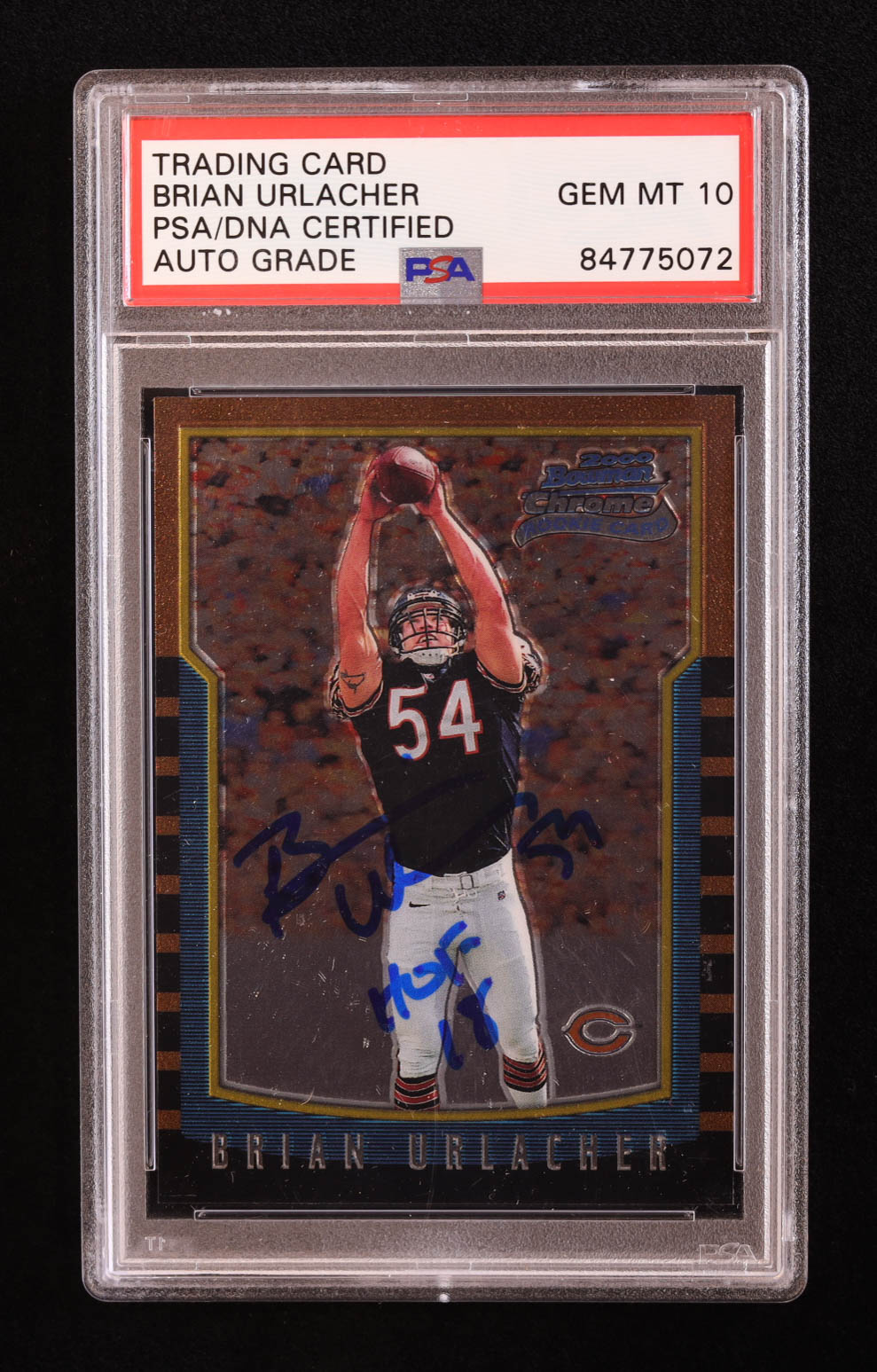 Brian Urlacher Signed 2000 Bowman Chrome #178 RC Inscribed "HOF 18" (PSA | Auto 10) at PristineAuction.com Brian Urlacher Signed 2000 Bowman Chrome #178 RC Inscribed "HOF 18" (PSA | Auto 10) at PristineAuction.com