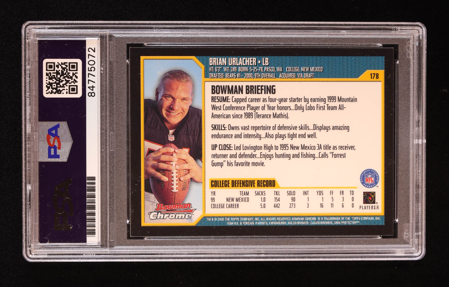 Brian Urlacher Signed 2000 Bowman Chrome #178 RC Inscribed "HOF 18" (PSA | Auto 10) at PristineAuction.com Brian Urlacher Signed 2000 Bowman Chrome #178 RC Inscribed "HOF 18" (PSA | Auto 10) at PristineAuction.com