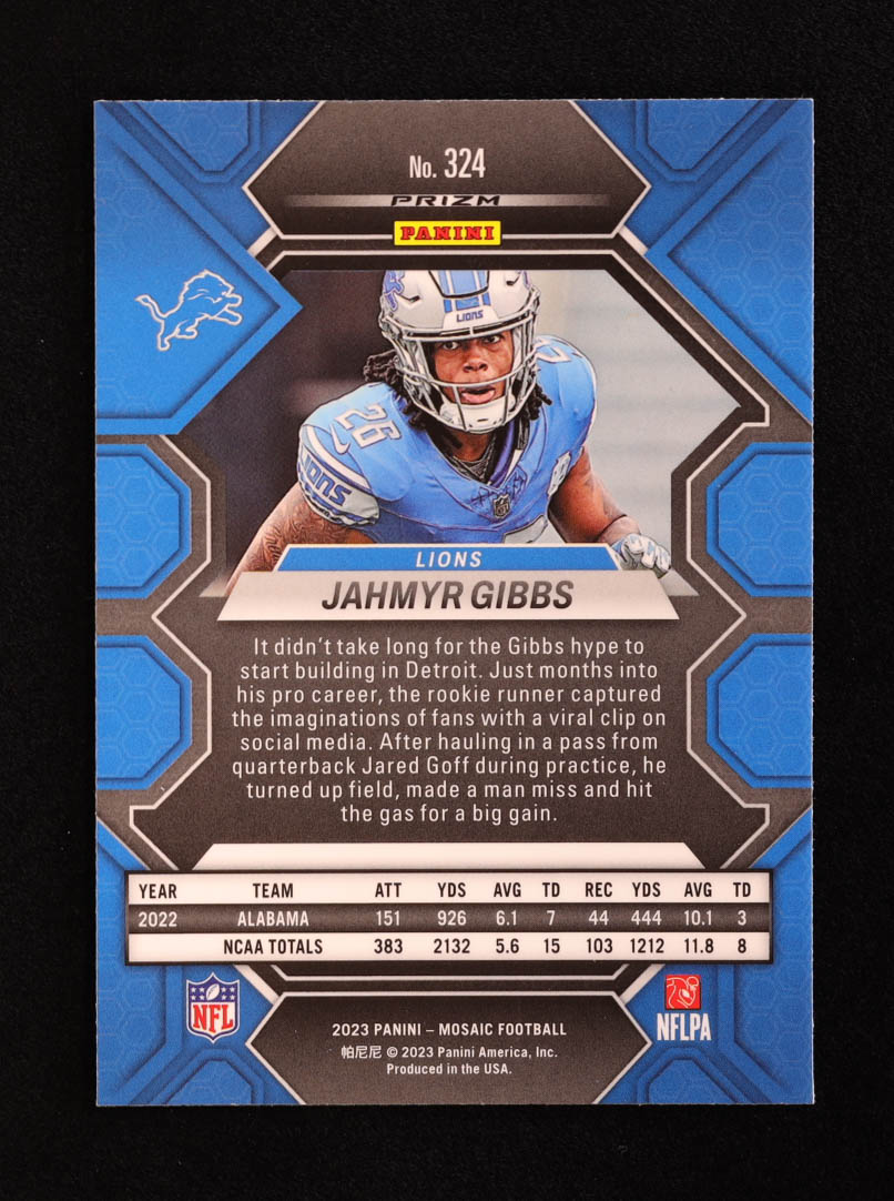 Jahmyr Gibbs 2023 Panini Mosaic Mosaic Green #324 RC at PristineAuction.com Jahmyr Gibbs 2023 Panini Mosaic Mosaic Green #324 RC at PristineAuction.com